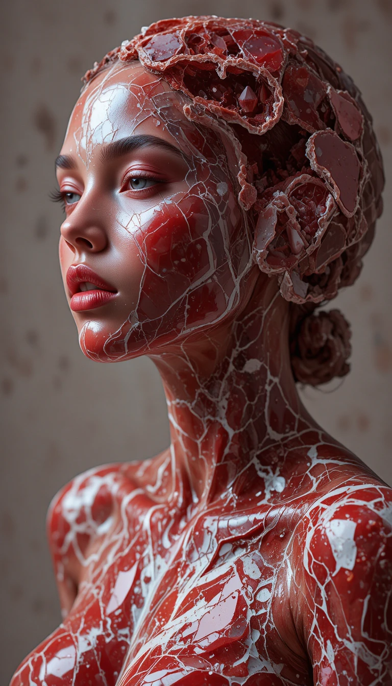 Surreal crystal woman portrait with red geode features