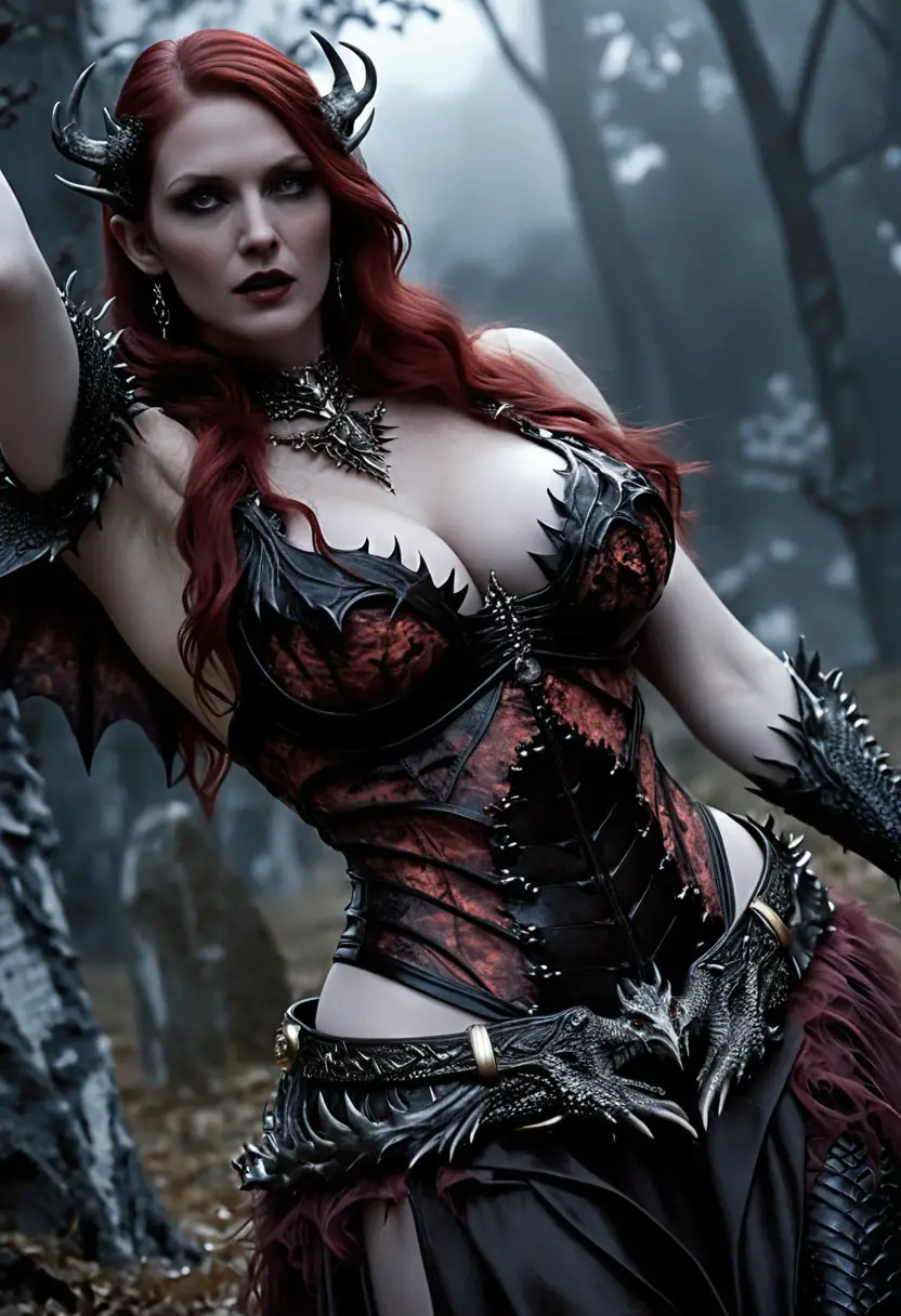 Gothic gargoyle lunging in a dark forest graveyard