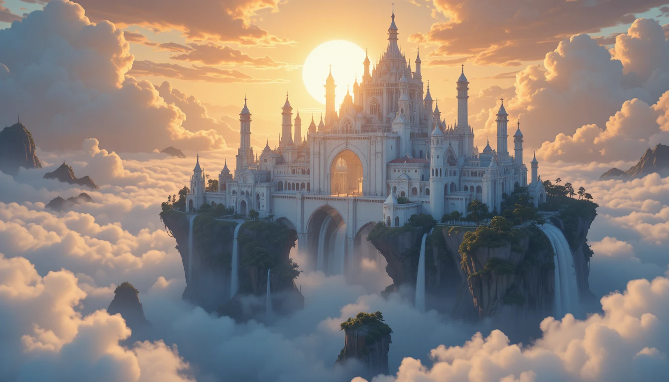 Majestic floating marble city above glowing golden clouds