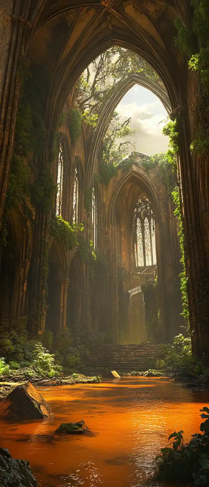 Ethereal Cathedral Overgrown With Lush Greenery And River