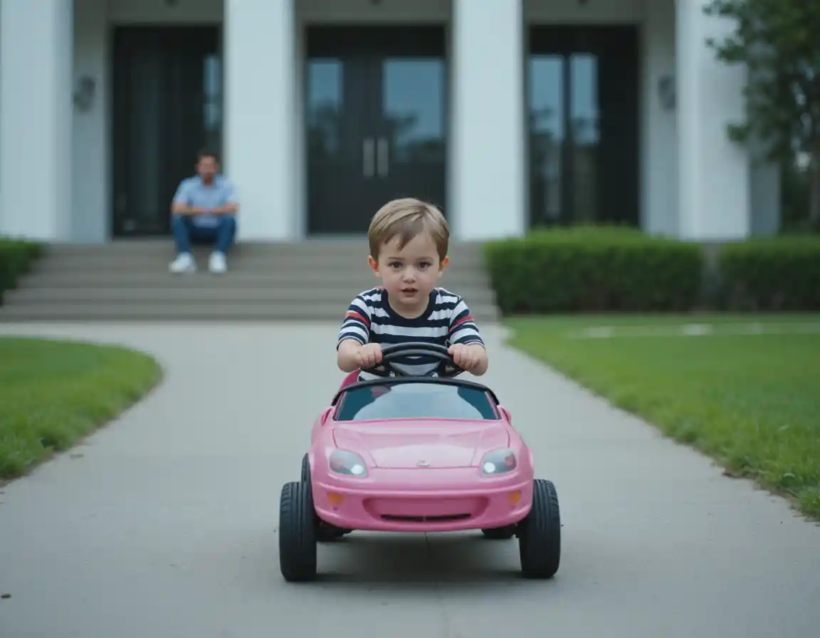 Happy child driving a pink toy car along a path