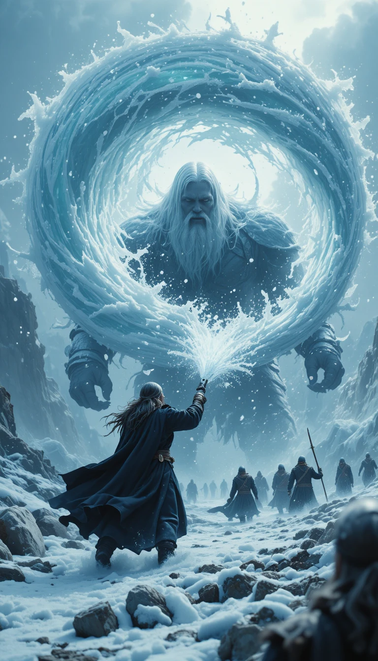 Mago invocando un ciclón de hielo contra un gigante colosal