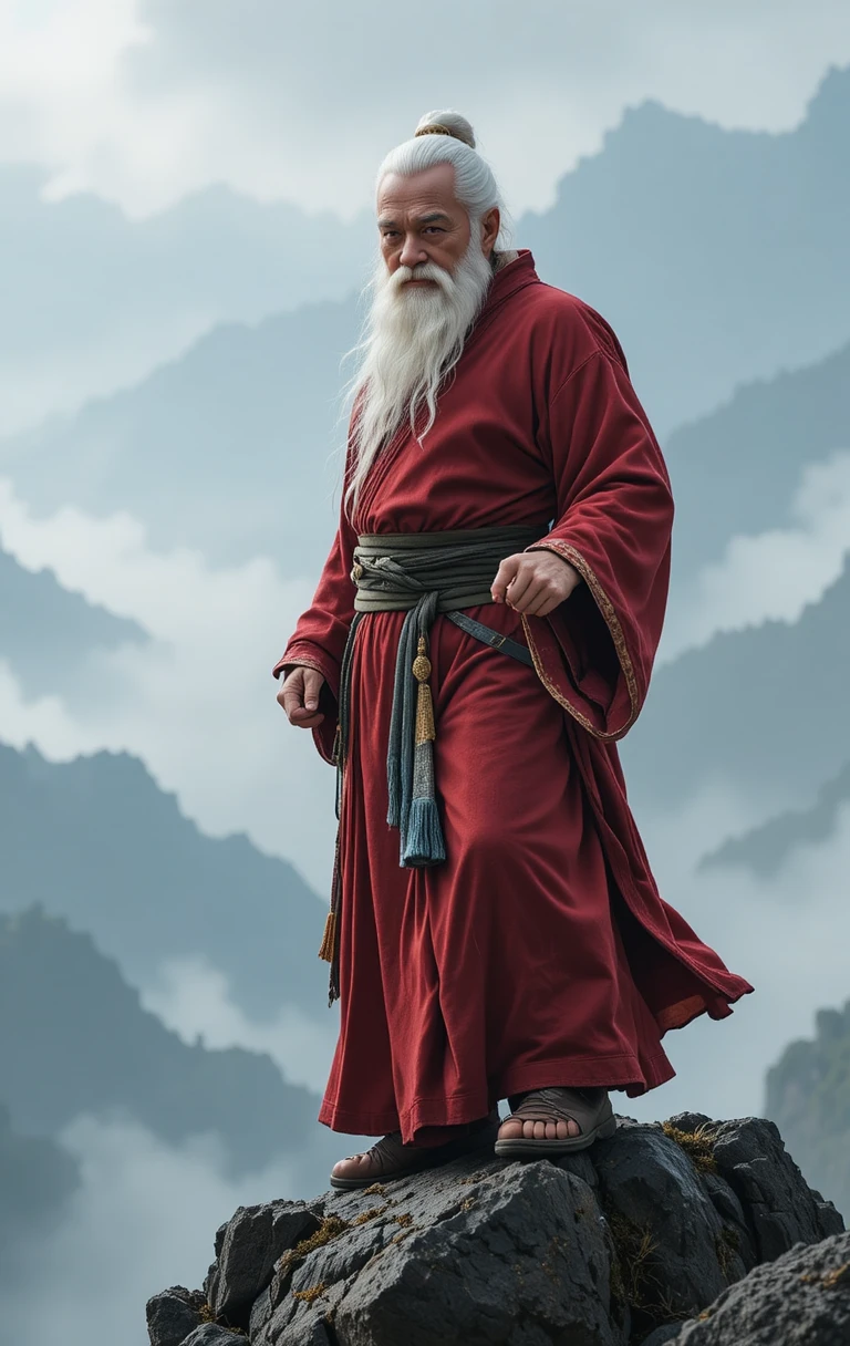 Fröhlicher Kung-Fu-Meister auf nebeligem Berggipfel