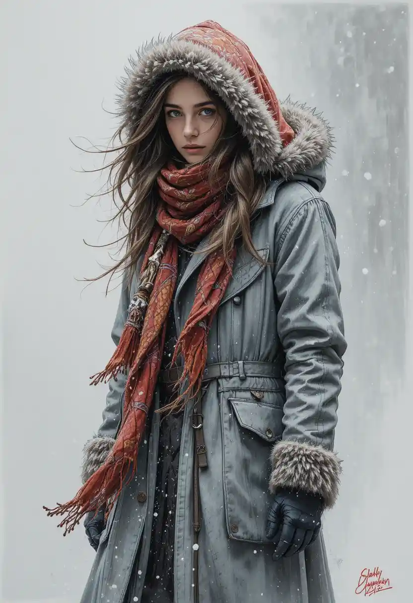 Donna con cappotto di pelliccia sotto una delicata nevicata invernale