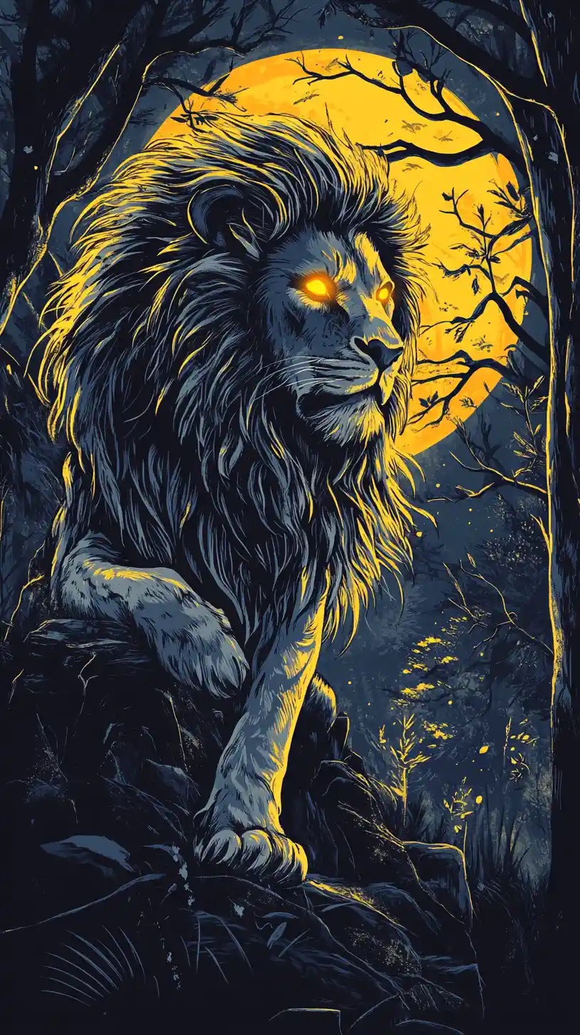 León majestuoso que custodia un bosque místico a la luz de la luna