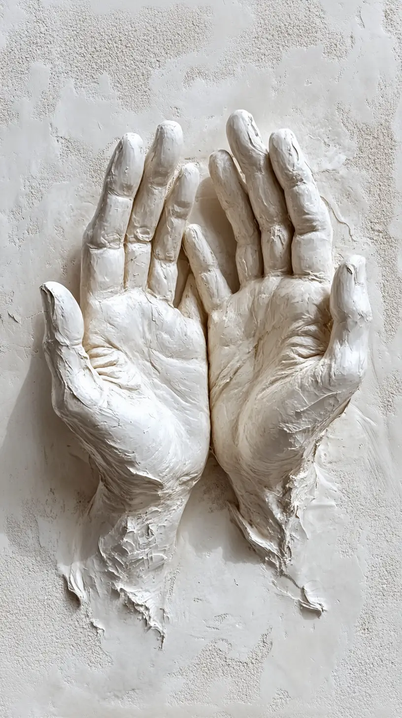 Sculpted human hands in relief emerging from a plaster wall