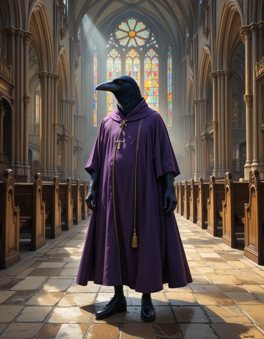 Raven Cleric Walking Through Sunlit Gothic Church Nave