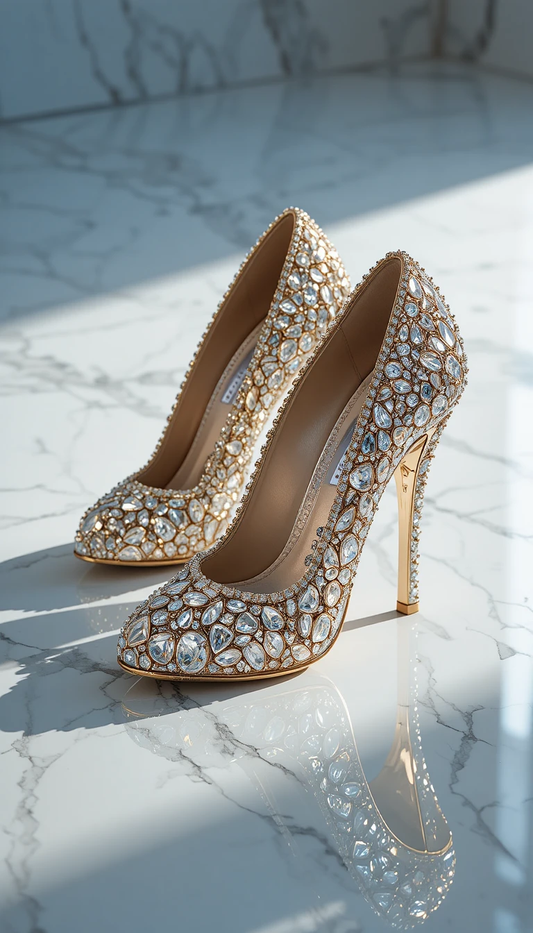 Diamant-High Heels mit goldenen Akzenten auf Marmorboden
