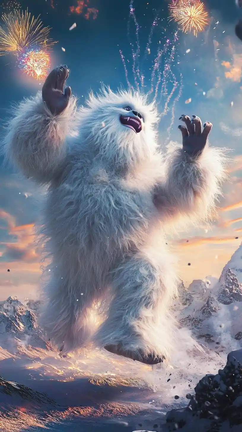 Joyful yeti dancing in snowy mountain landscape at midnight