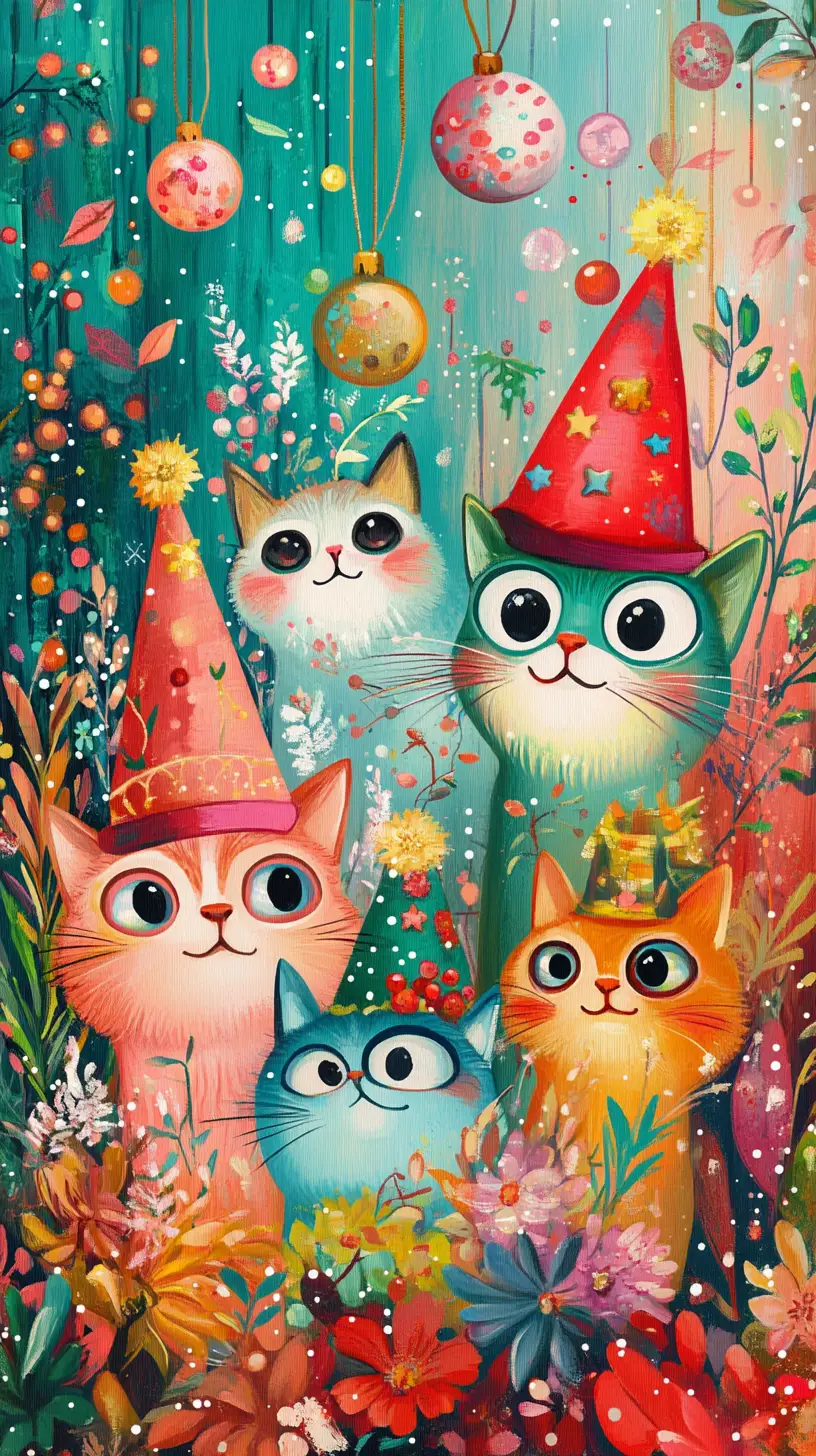 Colorful festive cats in hats among holiday trees
