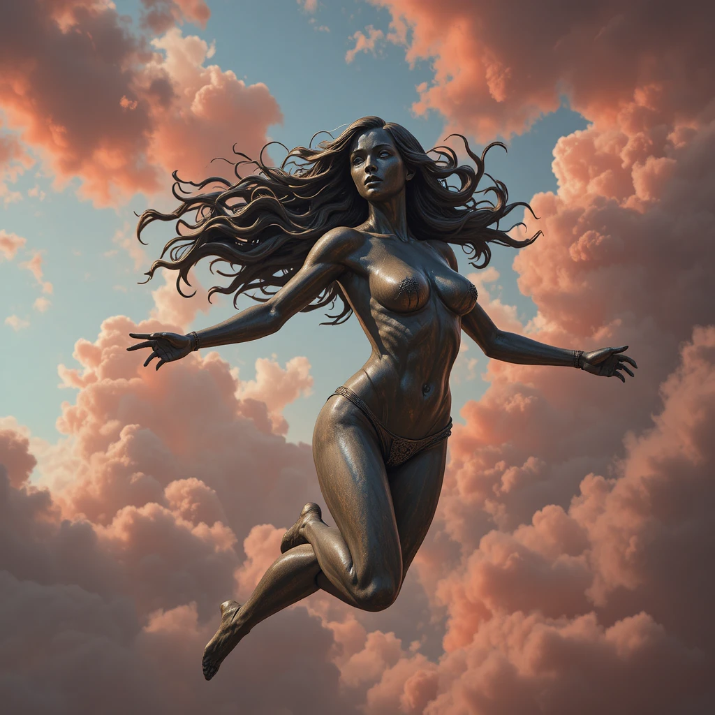 Bronze statue of a long haired girl flying in red sky