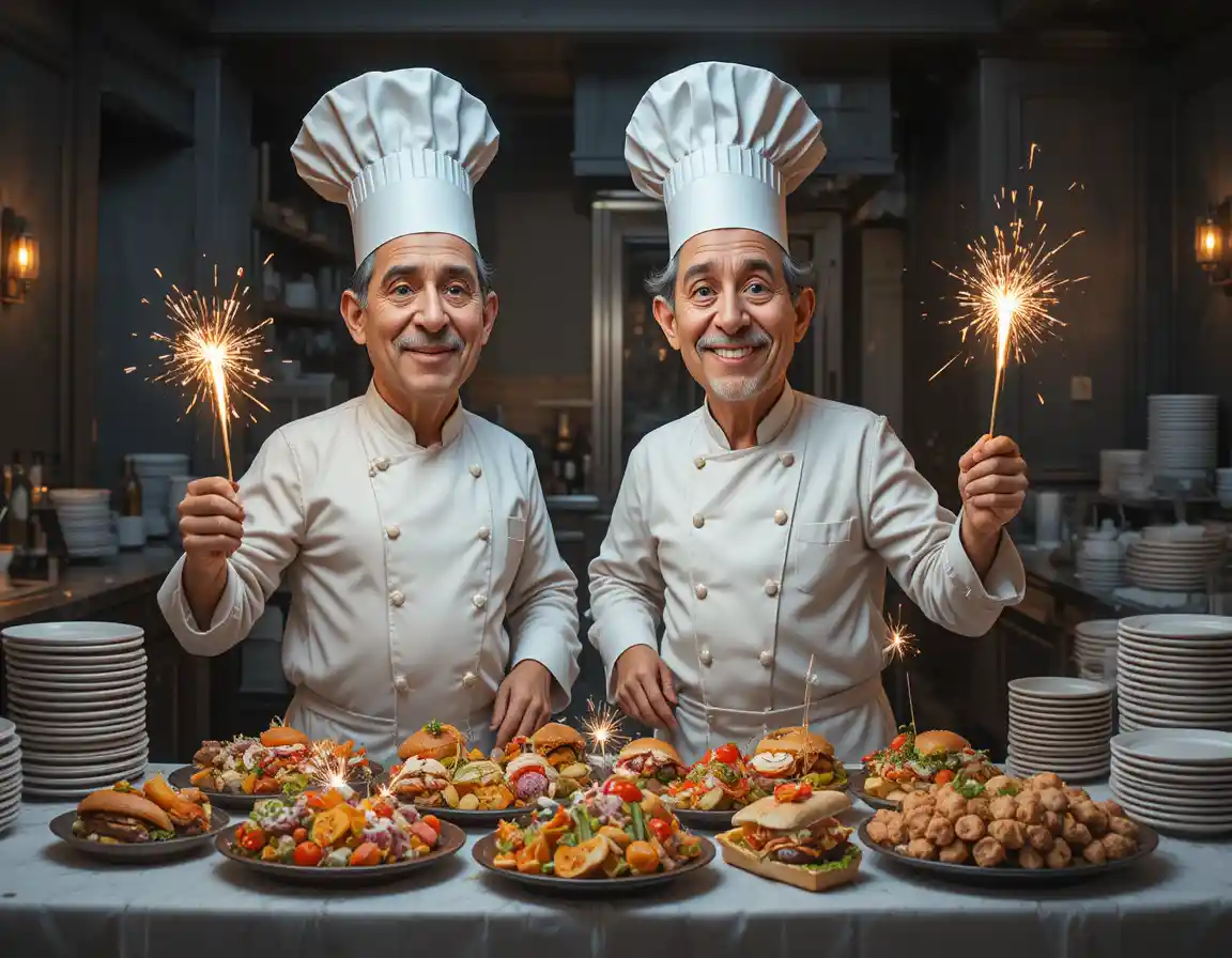 Chef presentano stuzzichini scintillanti in una moderna cucina di ristorante
