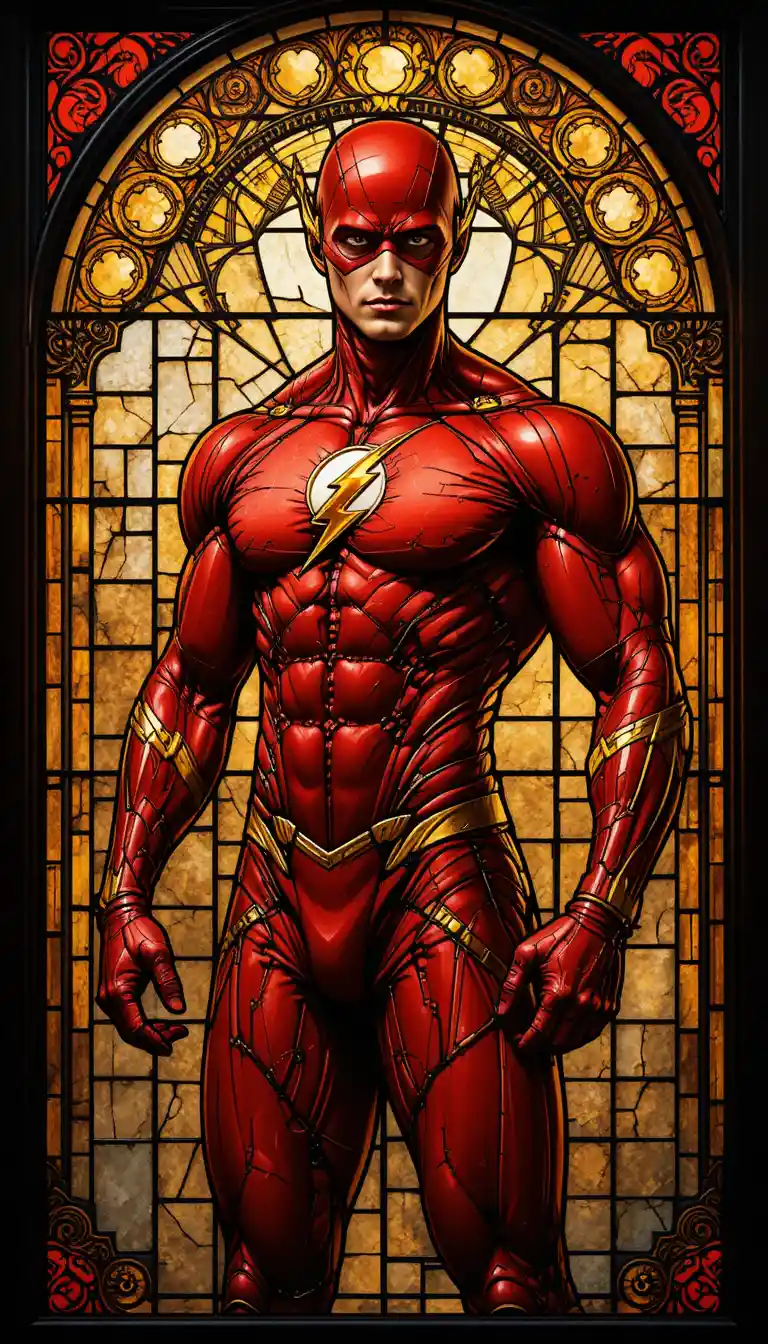 Superhero stained glass window with lightning emblem and bold pose