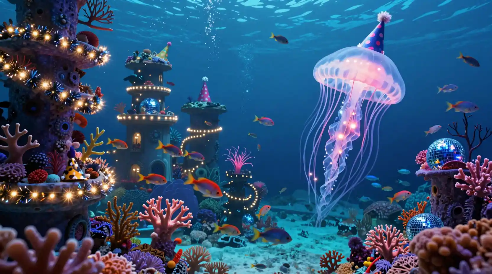Vibrant underwater city glowing with festive marine life