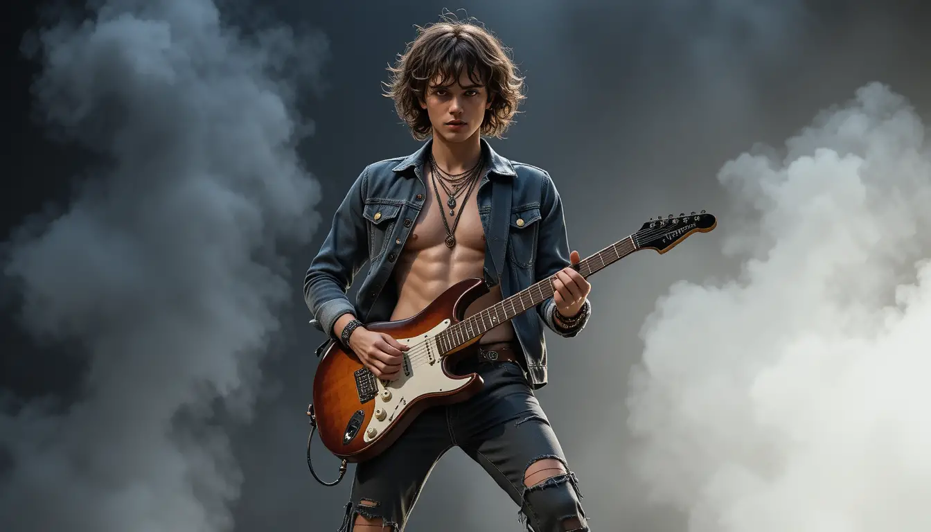 Young rock guitarist posing shirtless in dramatic studio light