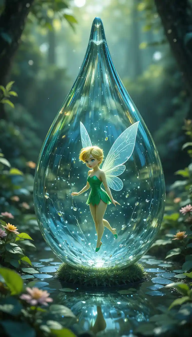 Fairy girl trapped inside a crystal clear dew drop