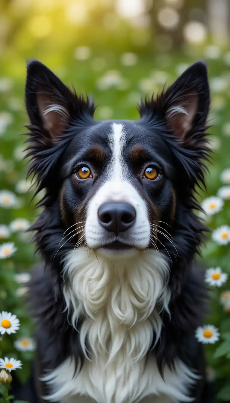 Close up border collie with yellow eyes in flowered garden