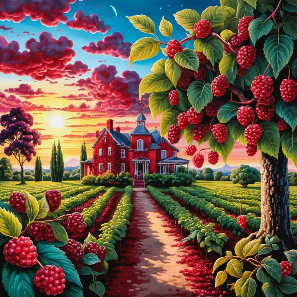 Surreal mulberry plantation at sunrise in red and black