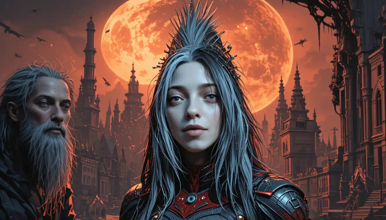 Elfe cyberpunk devant une ville baignée par la lumière d’une lune orange