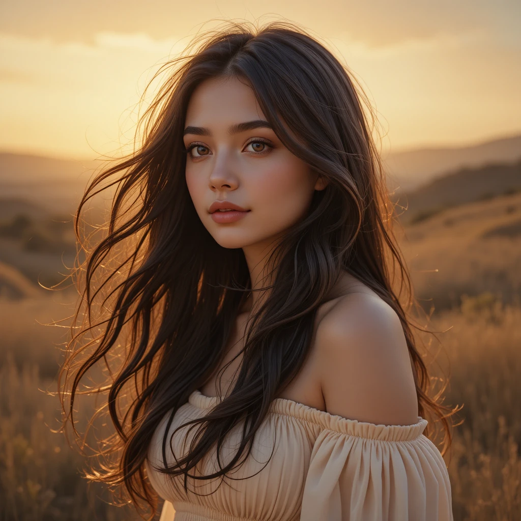 Woman in cream dress at sunset with serene expression