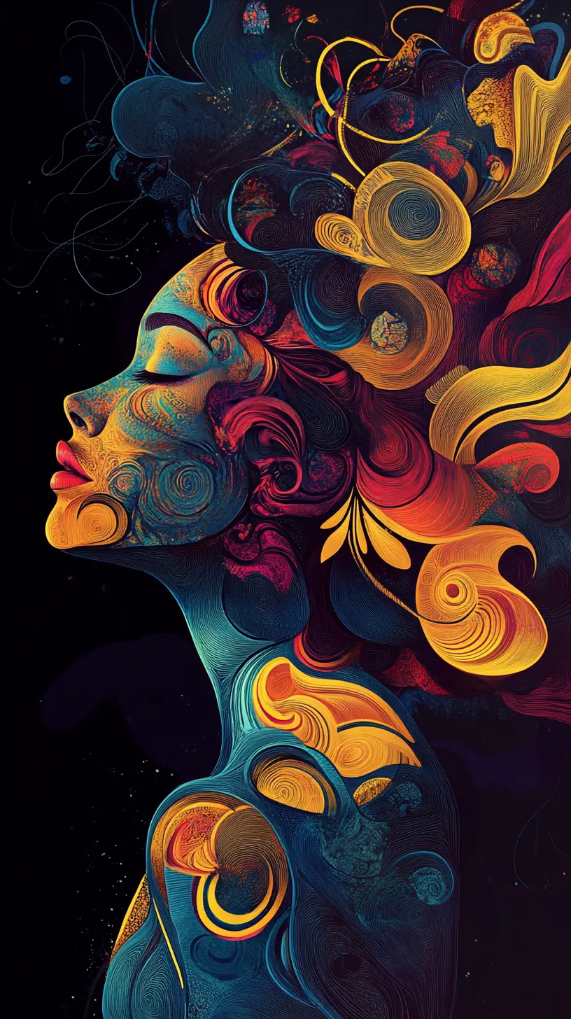 Profile of a woman dissolving into colorful abstract vortex