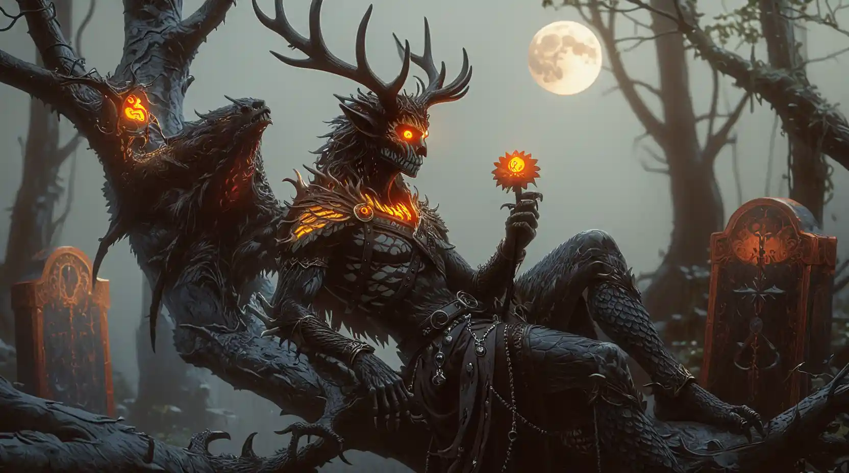 Chimeric antlered monster climbing through a shattered forest tree
