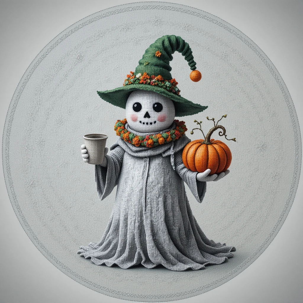 Cute gray ghost in cross stitch with pumpkin and drink