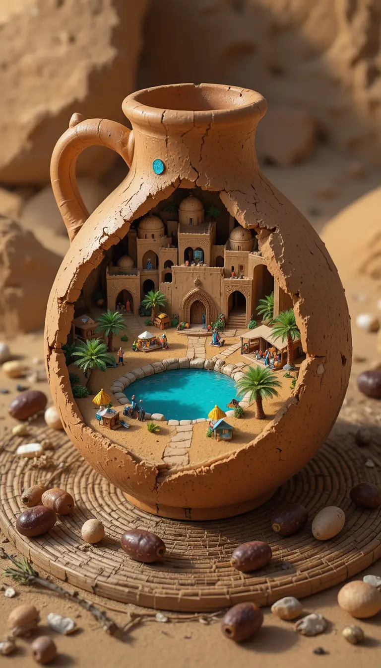 Miniature desert oasis city inside a broken clay jug