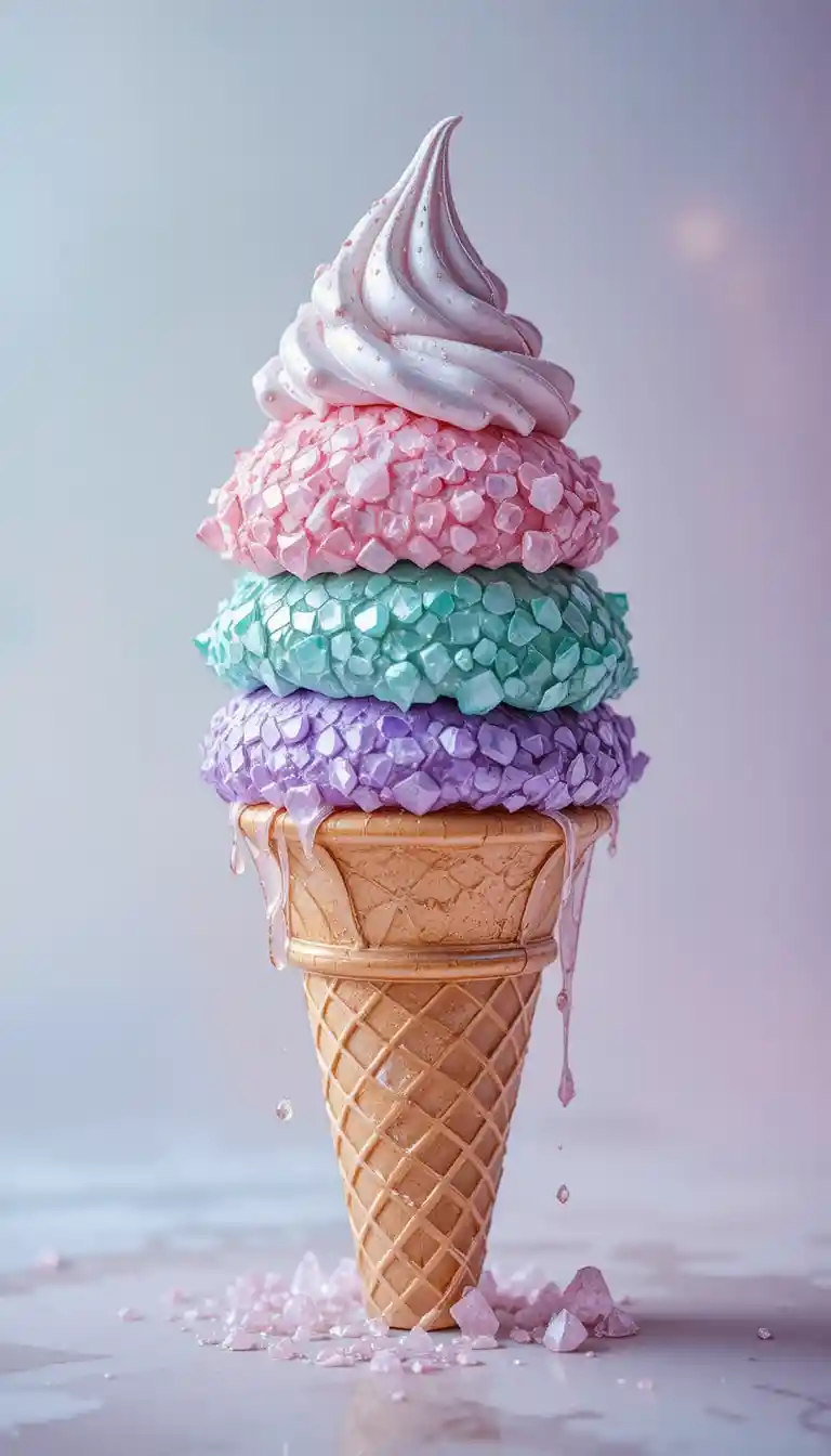 Cornet de glace en gemmes pastel en gros plan féerique