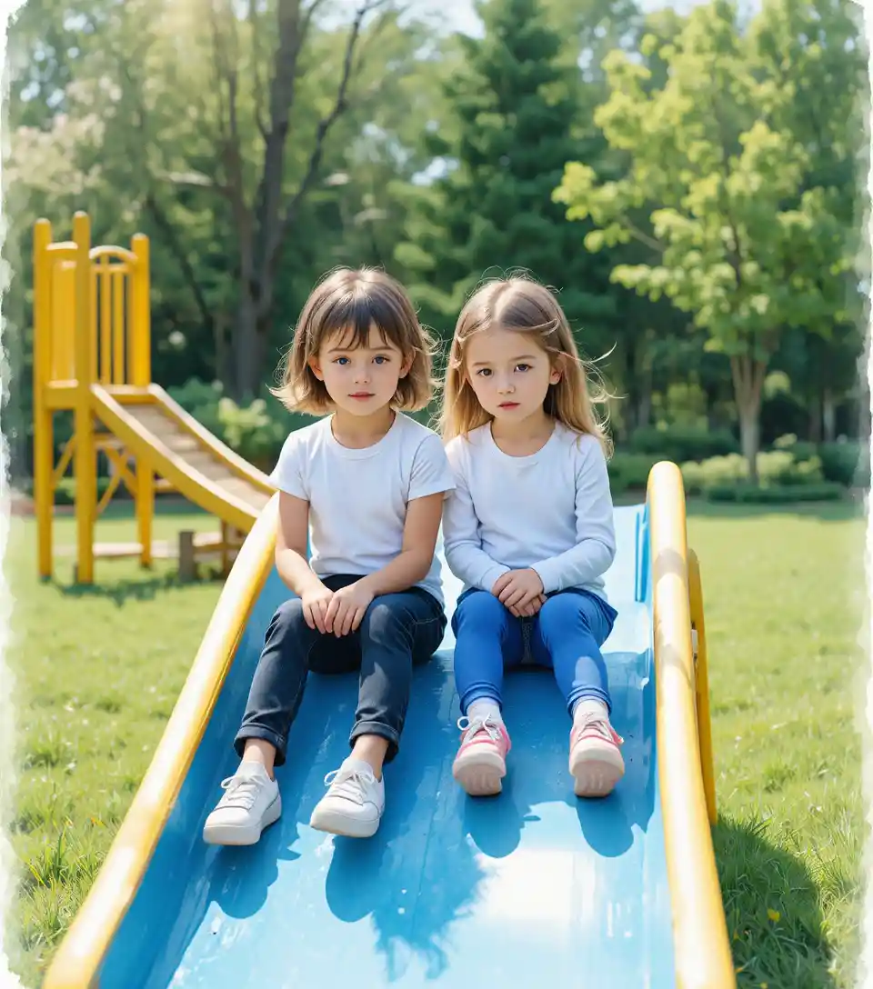 Two young children sitting on a blue slide outdoors