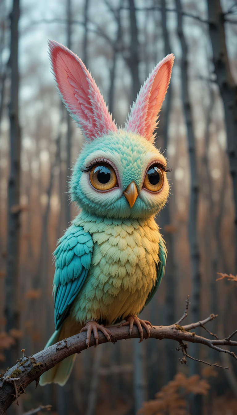 Surreal bird eye creature on a mossy branch at sunset