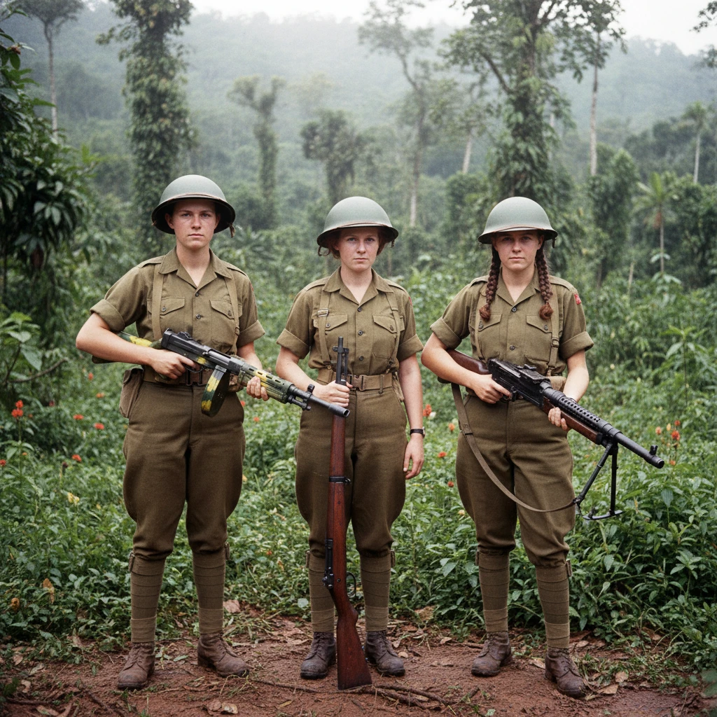 Three Australian women soldiers preparing for combat helmets