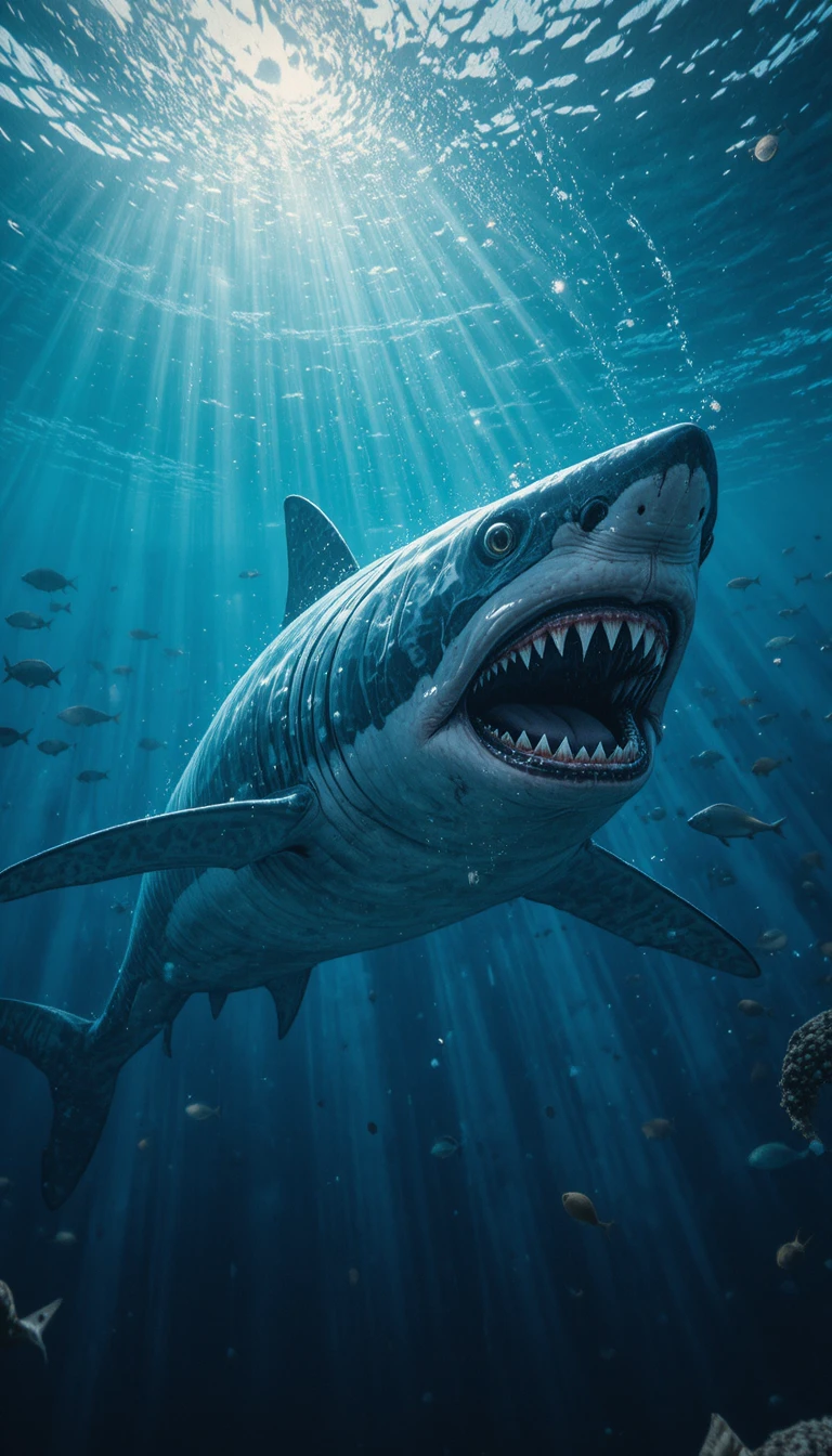 Lifelike great white shark cruising through sunlit ocean water