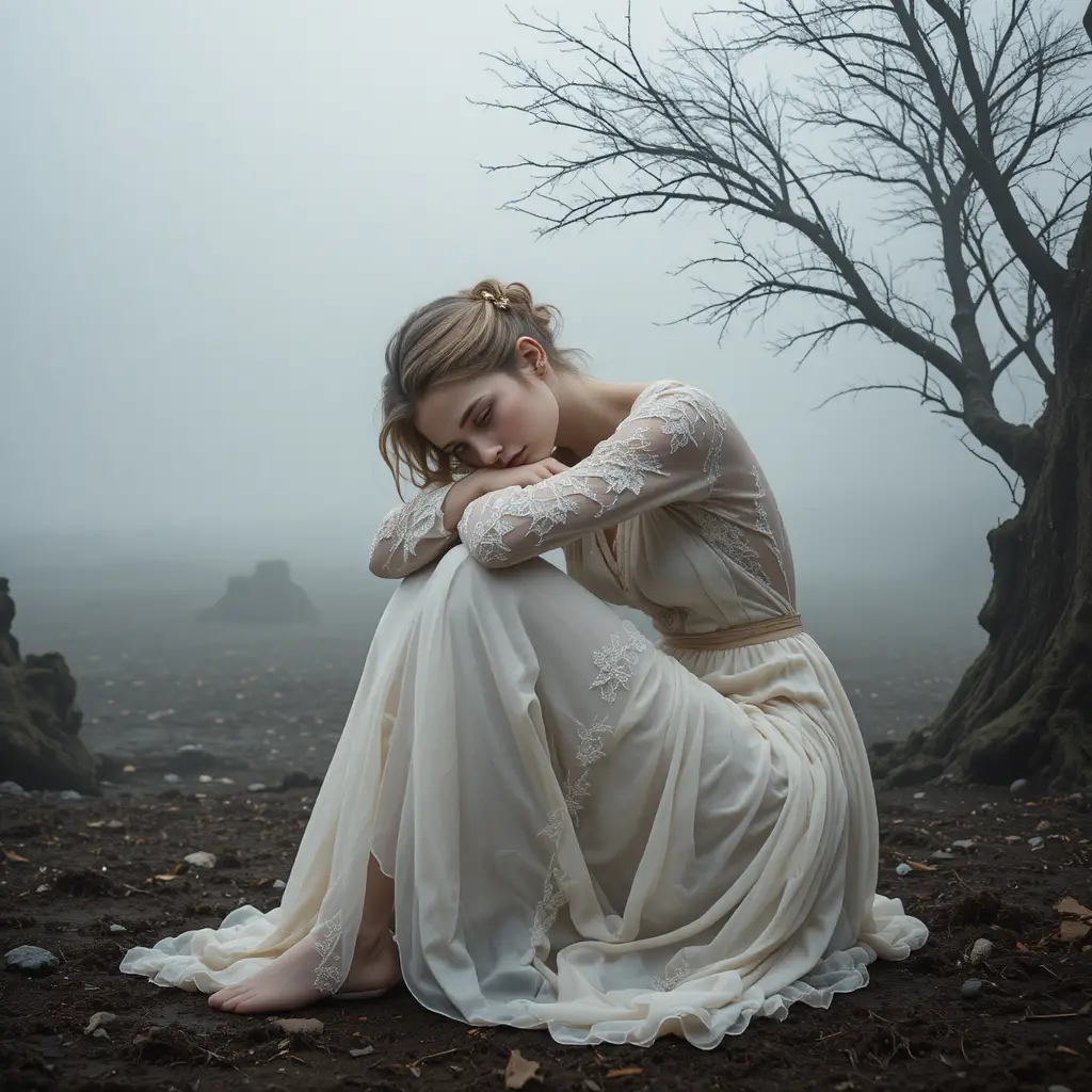 Sad woman sitting on foggy ground beside a barren tree