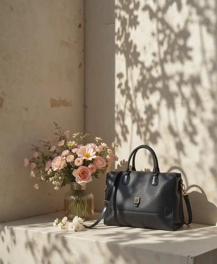 Bouquet di fiori e borsa in una morbida ombra screziata