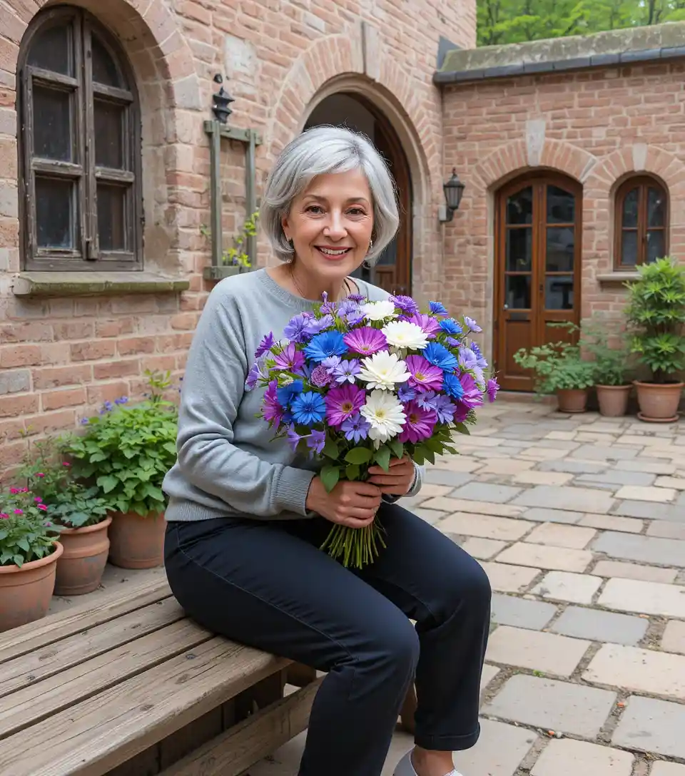 Smiling elderly woman with hydrangea bouquet on patio bench