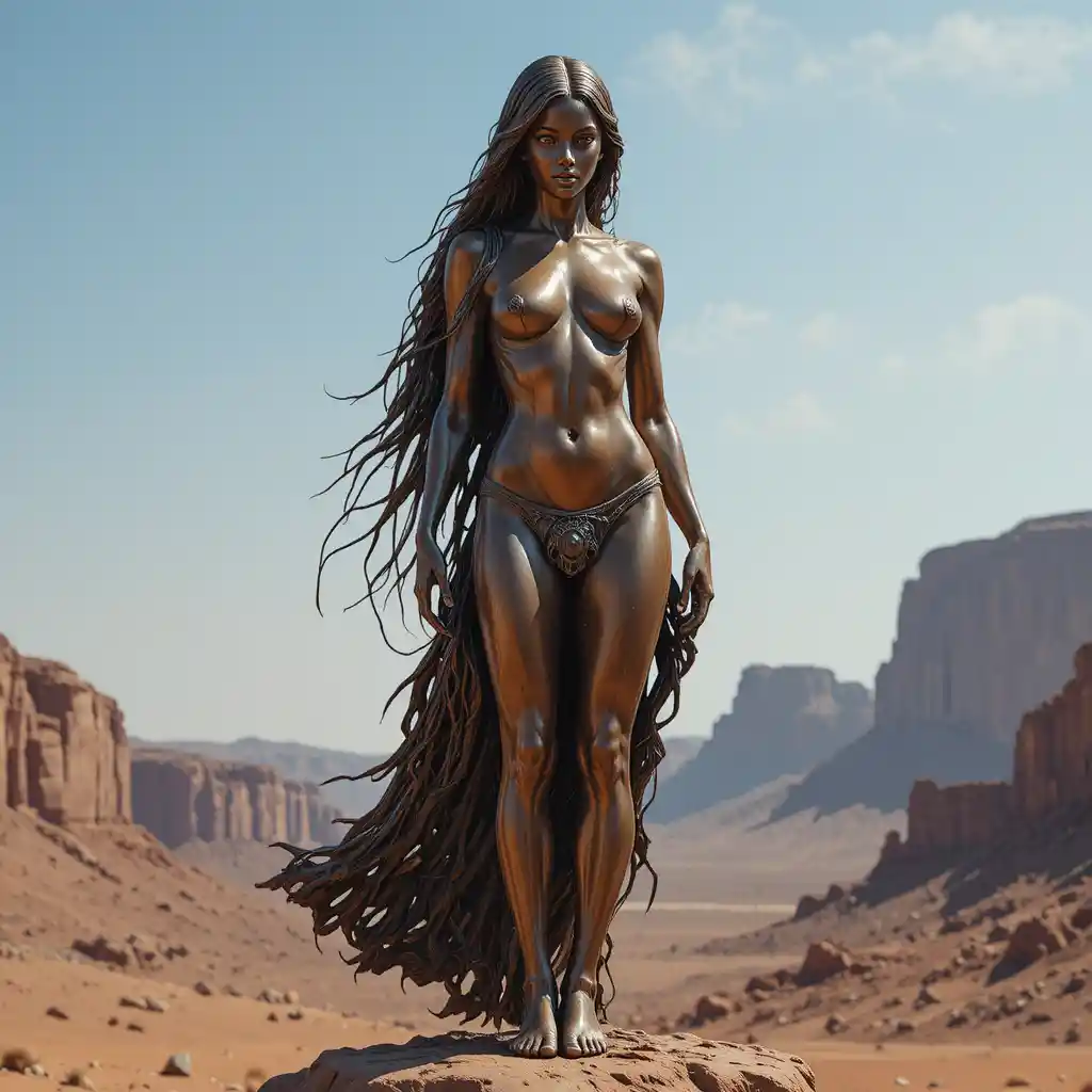 Bronze statue of a long haired girl standing on Mars