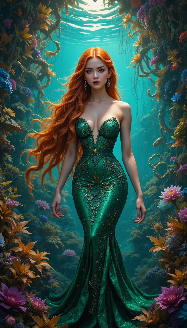 Red haired woman in green mermaid dress underwater