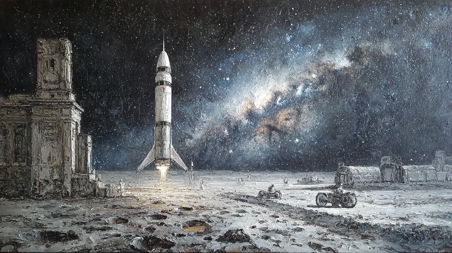 Dipinto a olio in stile rinascimentale di un razzo che atterra sulla Luna