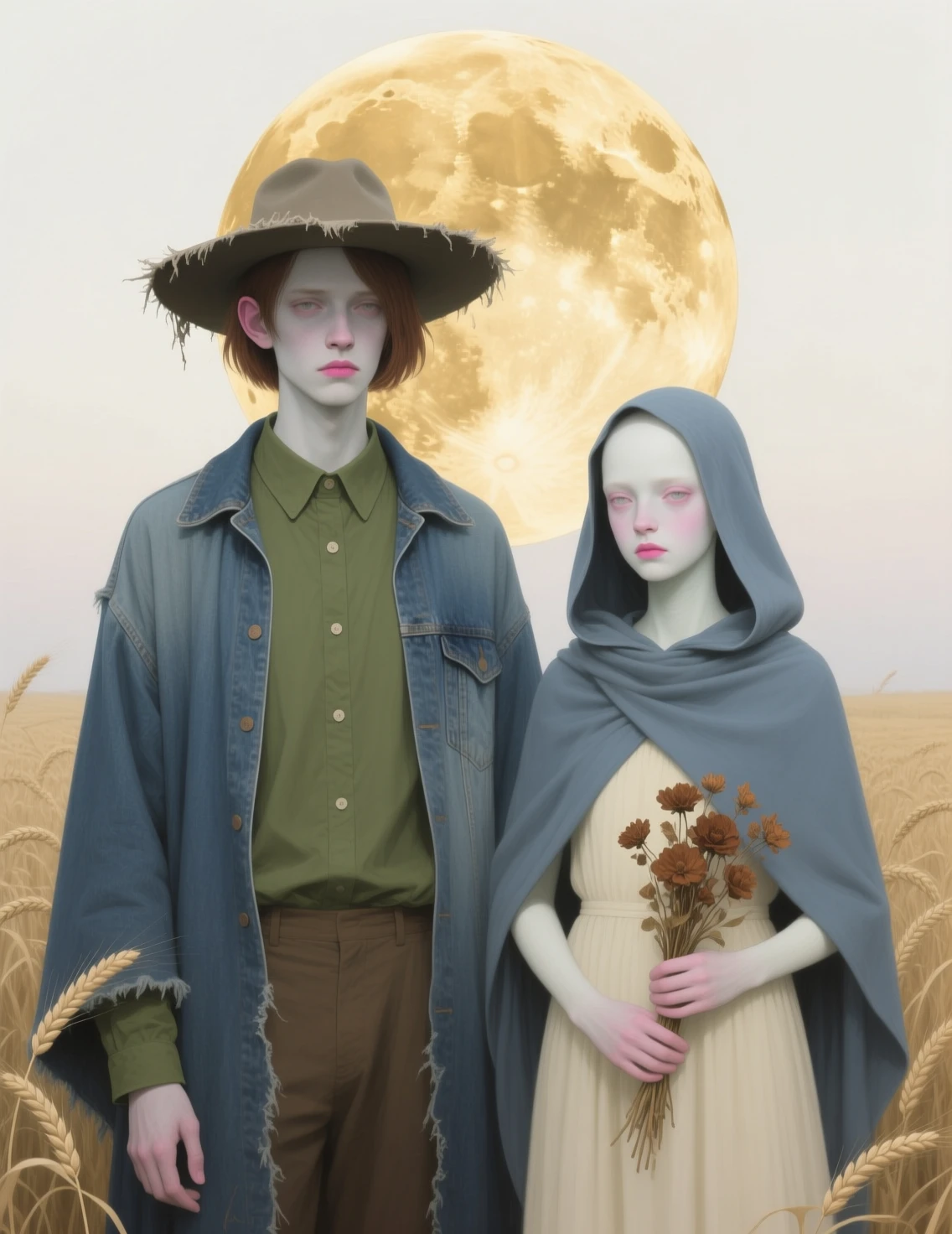 Somber albino figures beneath a giant golden moon