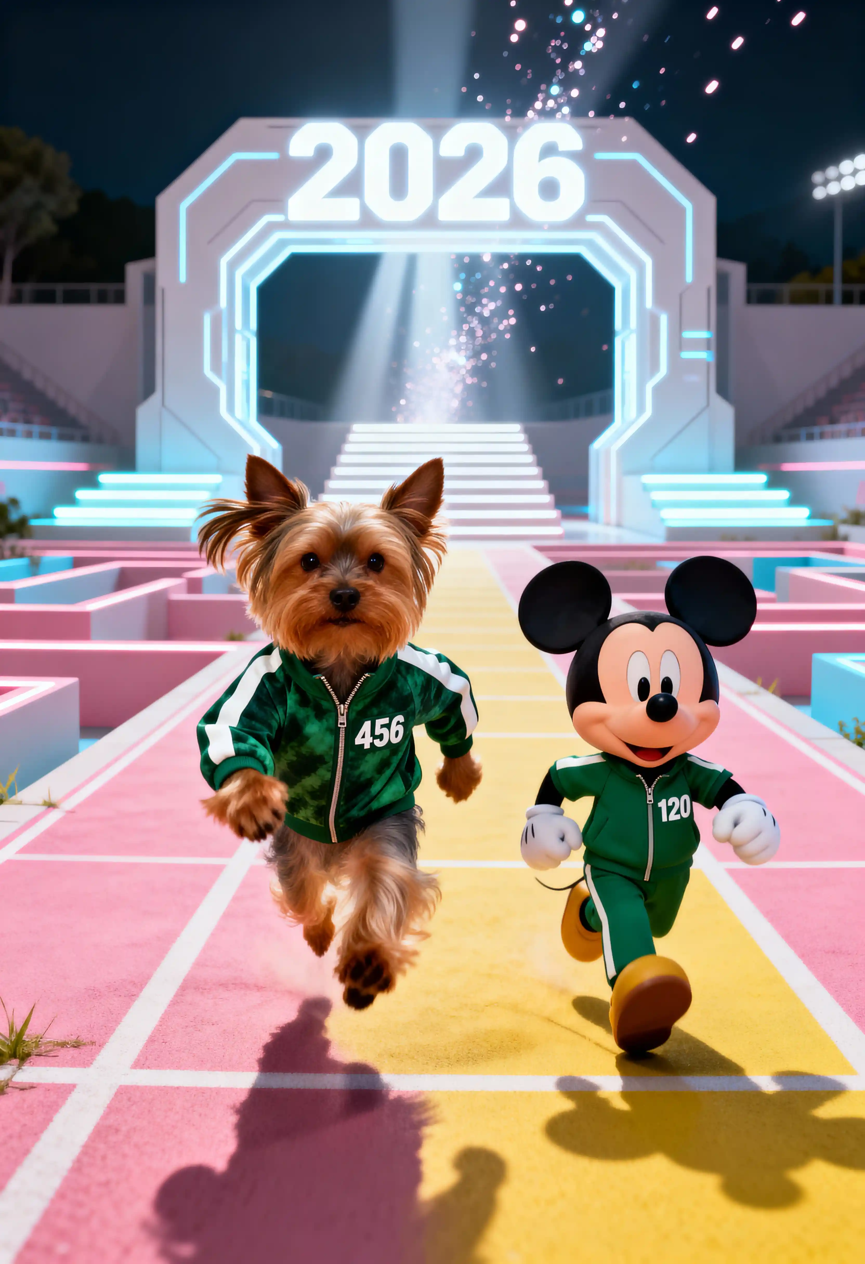 Yorkshire Terrier läuft auf ein leuchtendes futuristisches Portal zu