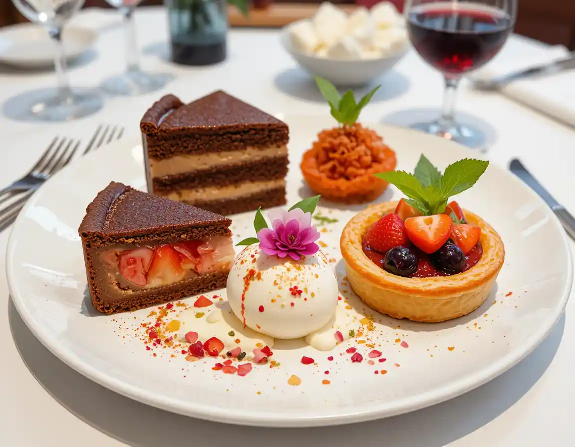 Assorted gourmet desserts and red wine on white plate