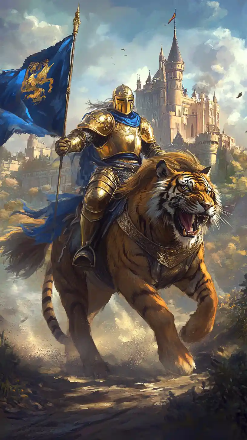 Cavaleiro dourado em tigre avançando contra castelo medieval sombrio