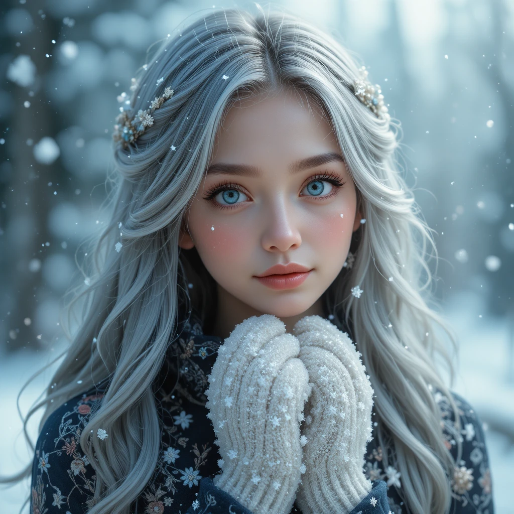 Chica invernal etérea con cabello plateado y copos de nieve
