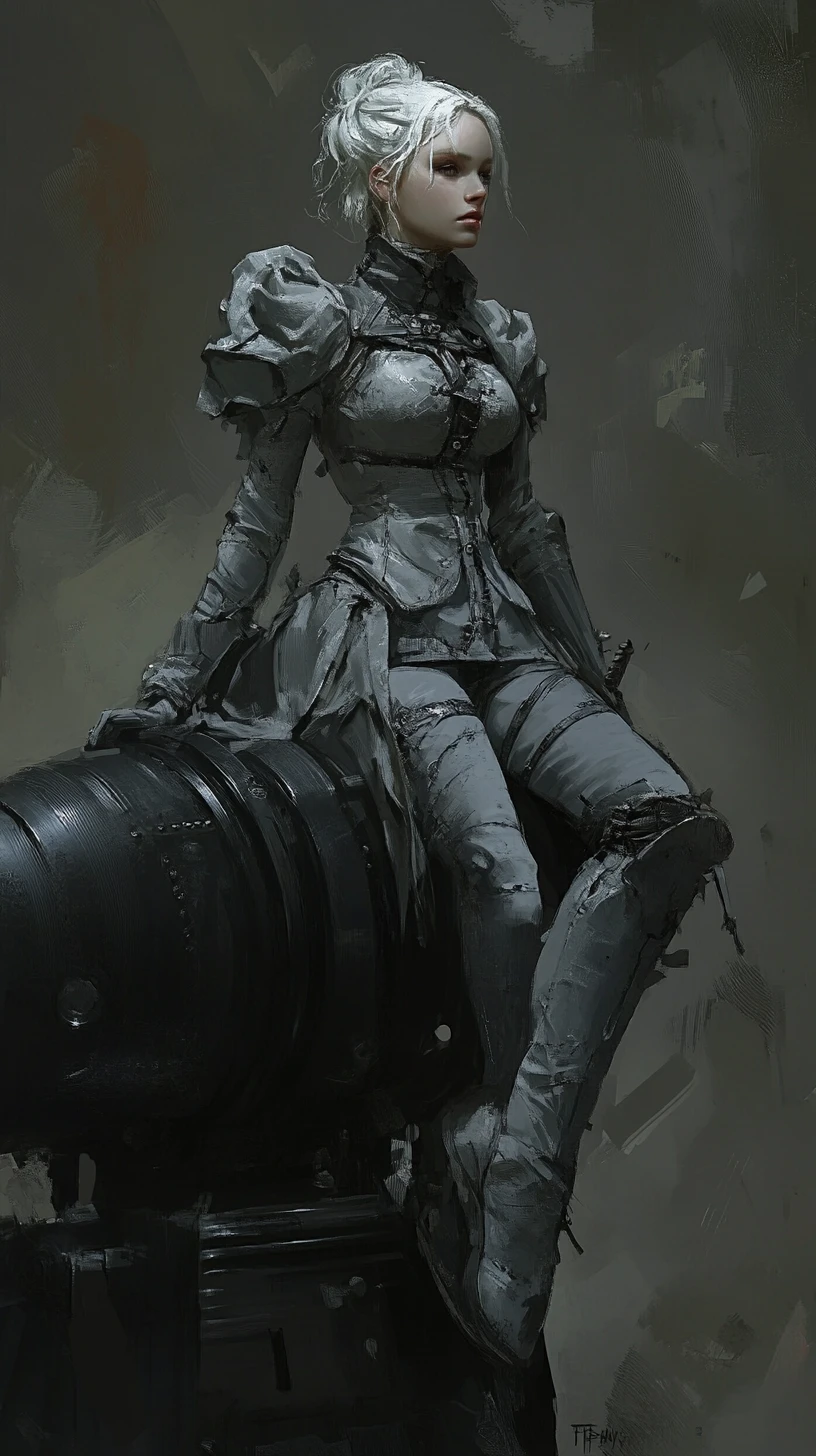 Scarred woman sitting on a massive black cannon