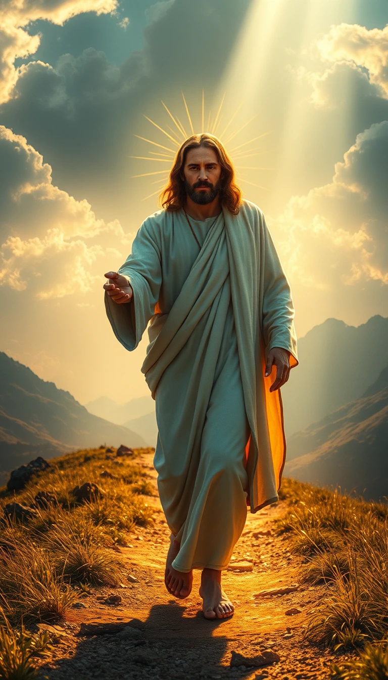 Jesús Caminando por un Sendero Luminoso entre Montañas