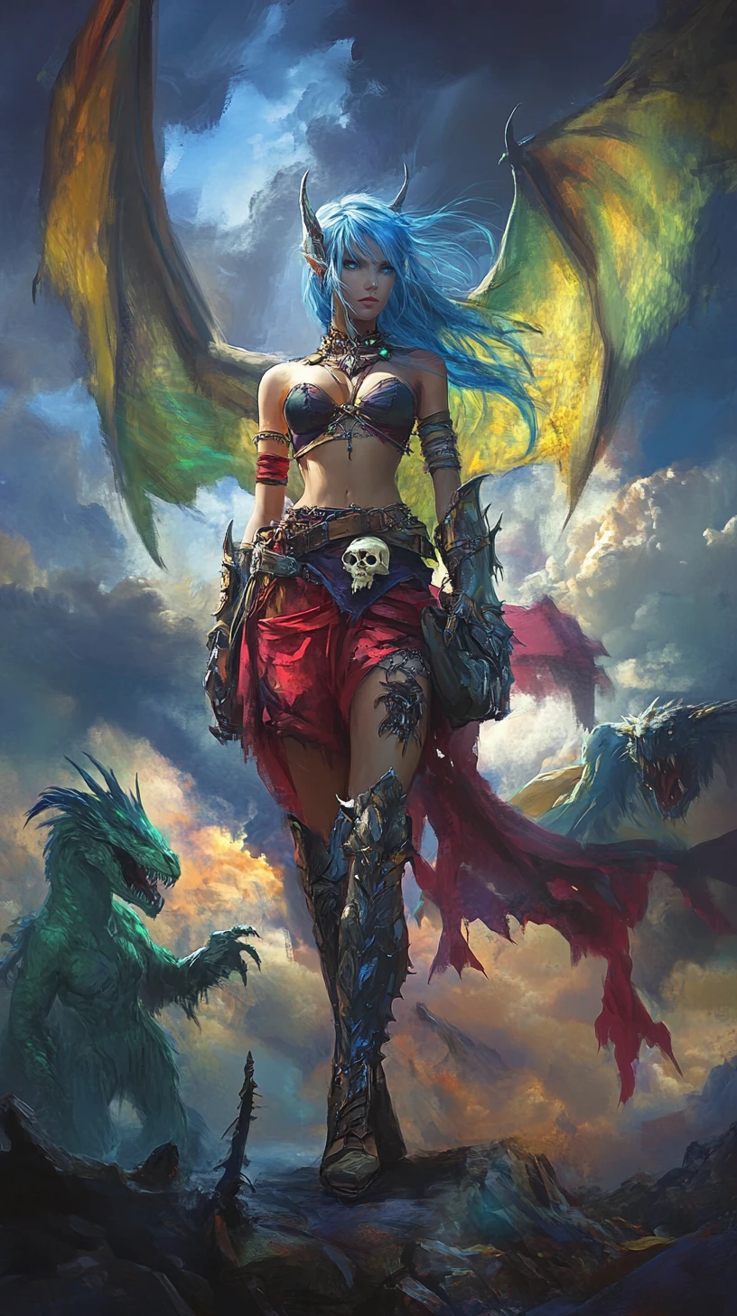 Blue haired warrior princess with dragon skull helm