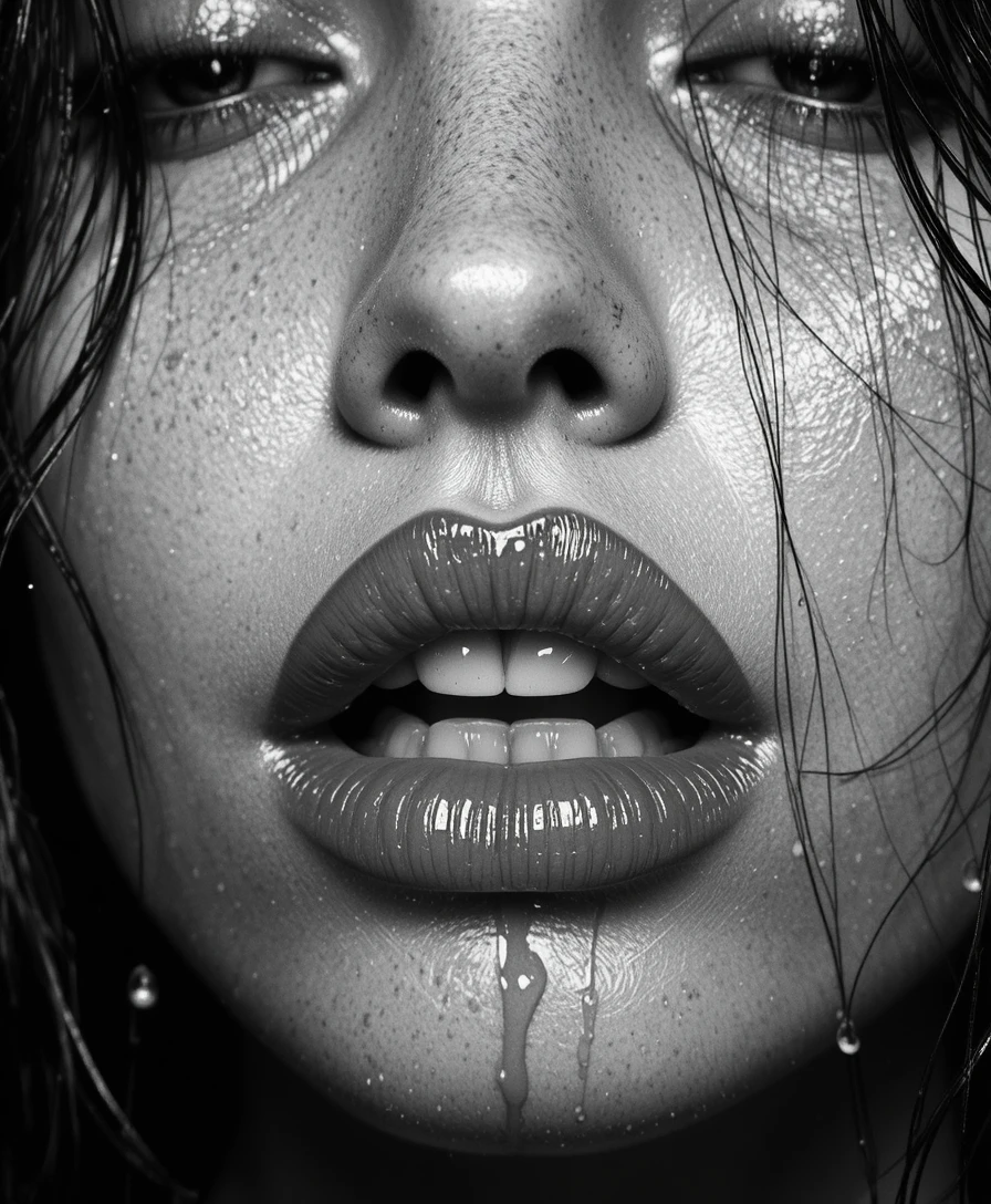 Sensual black and white extreme close up of wet lips
