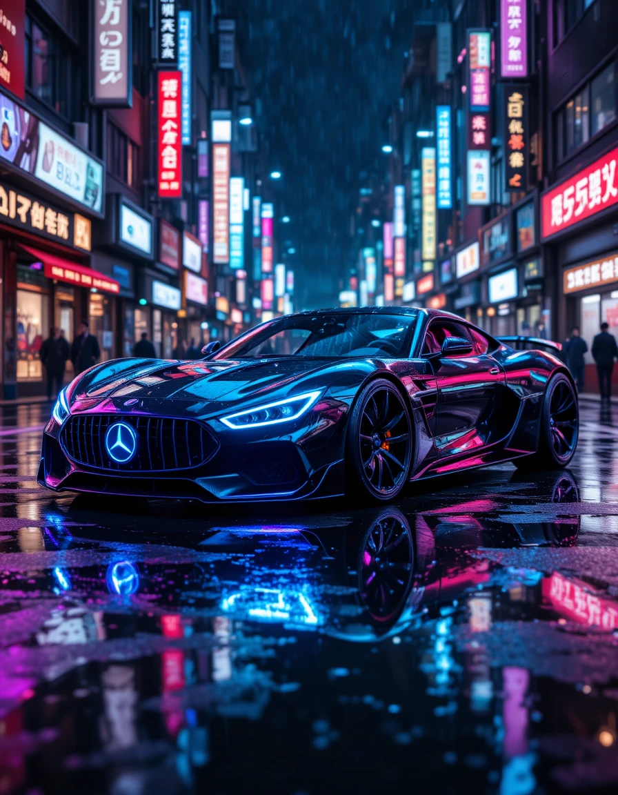 Voiture concept de luxe futuriste dans une rue urbaine néon