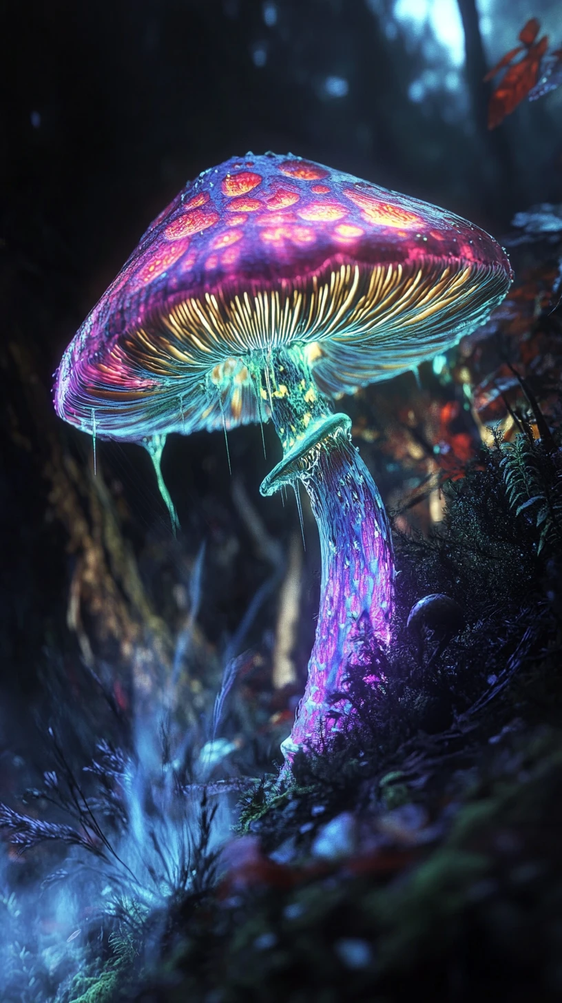 夢幻霓虹蘑菇自幽暗森林中升起